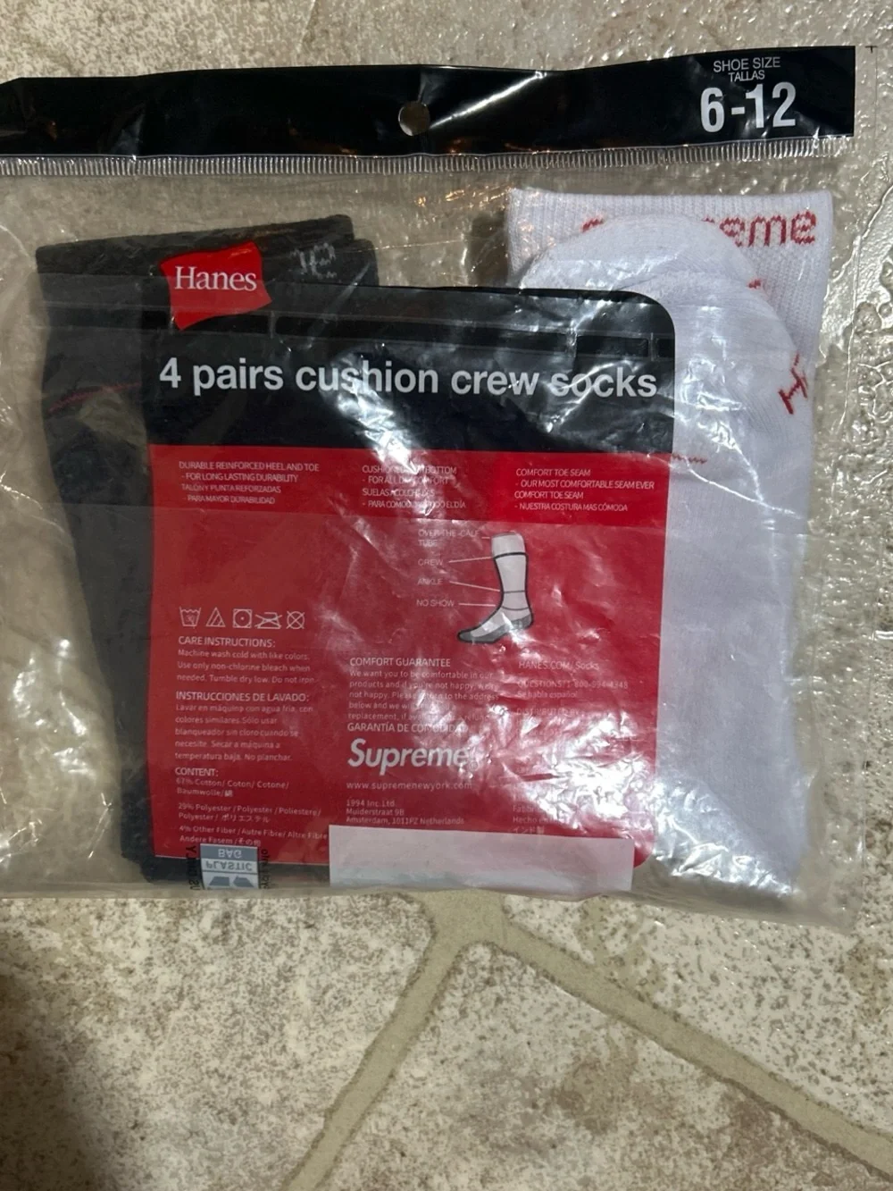 Hanes Supreme Cushion Crew Socks - White & Black (4 Pairs)